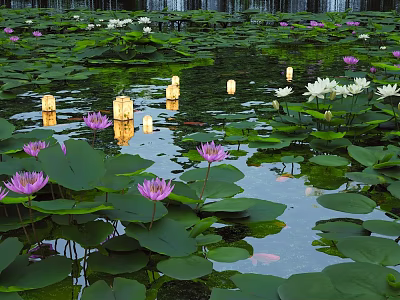 Lush Shrubbery Framing Pond With Lily Pads Pink White Lotus And Floating Lanterns 3d model