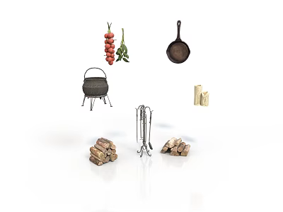 Outdoor Barbecue Grill Setup With Skewers Herbs Frying Pan Tools And Firewood 3d model