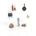 Outdoor Barbecue Grill Setup With Skewers Herbs Frying Pan Tools And Firewood