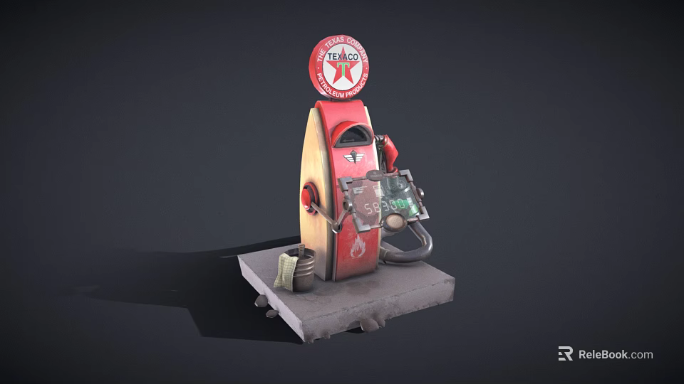 Cartoon Scene With Vintage Red And Yellow Texaco Gas Pump On Concrete Base 3d model 