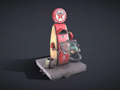 Cartoon Scene With Vintage Red And Yellow Texaco Gas Pump On Concrete Base 3d model