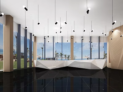 Sleek Modern Reception Area Interior With Geometric Front Desk Hanging Pendant Lights And Large Windows 3d model