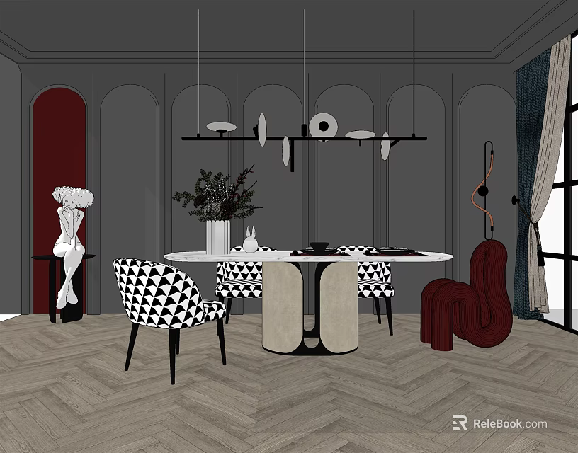 Elegant Modern Dining Table Set With Geometric Pattern Chairs Marble Top And Pendant Lights 3d model