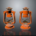 Vintage Furniture Table With Two Red Kerosene Lamps On Black Reflective Surface