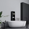 White Freestanding Bathtub In Minimalist Modern Bathroom With Black Shelf Green Plant And Side Table
