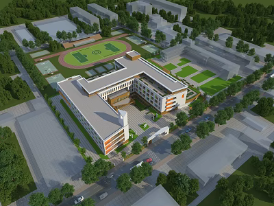 Modern School Building Aerial View With Sports Field Green Surroundings And Trees 3d model