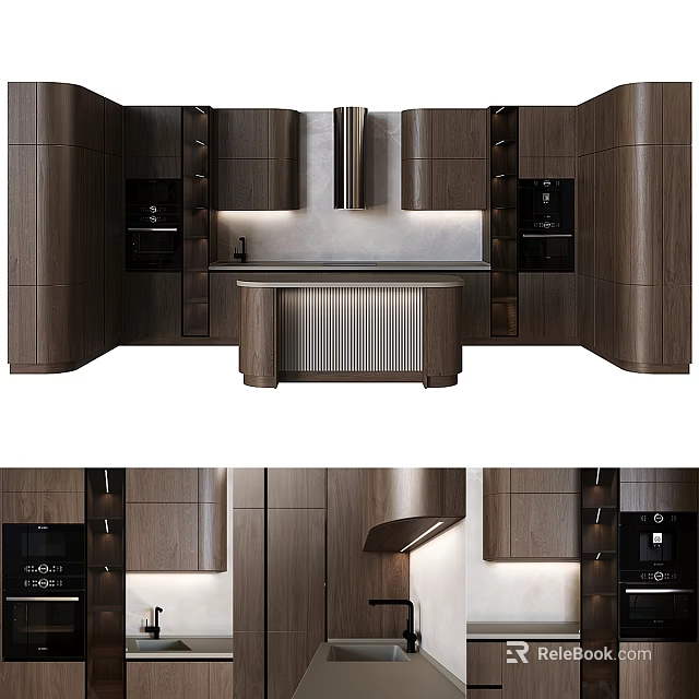 Modern Kitchen Interior With Wooden Tone Cabinets And Integrated Central Counter Design 3d model 