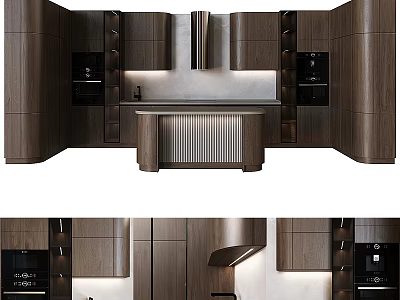 Modern Kitchen Interior With Wooden Tone Cabinets And Integrated Central Counter Design 3d model