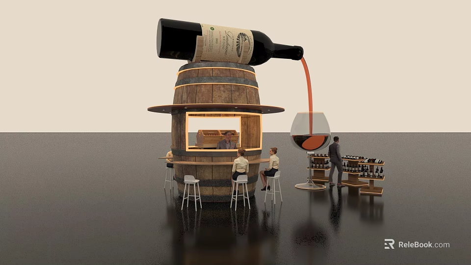 Photo Spot With Wine Barrel Structure Pouring Wine Bottle Glass And People At Bar Counter 3d model 