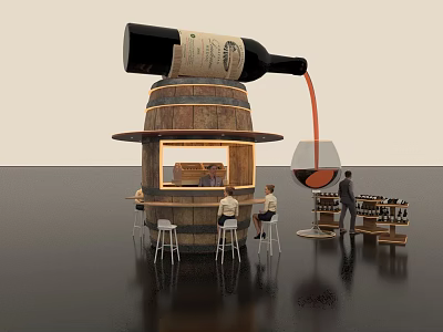 Photo Spot With Wine Barrel Structure Pouring Wine Bottle Glass And People At Bar Counter 3d model
