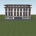 Modern Office Building With White Exterior Brown Layered Roof Large Glass Windows Green Lawn And Trees