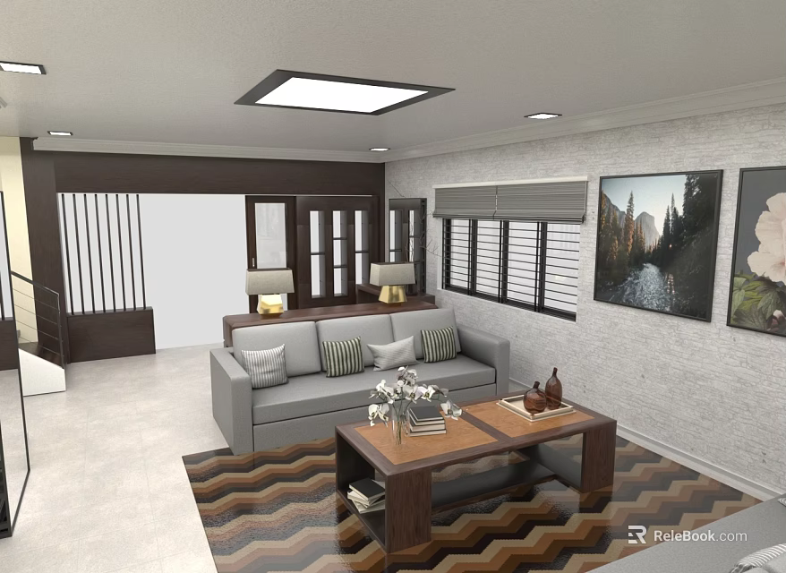 Bright Modern Living Room Interior With Comfortable Grey Sofa Wooden Coffee Table And Wall Decorations 3d model 