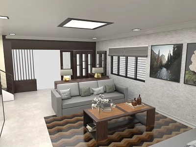 Bright Modern Living Room Interior With Comfortable Grey Sofa Wooden Coffee Table And Wall Decorations 3d model