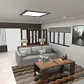 Bright Modern Living Room Interior With Comfortable Grey Sofa Wooden Coffee Table And Wall Decorations