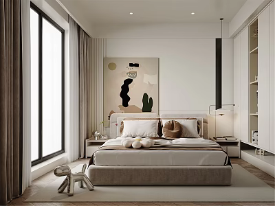Minimalist Bedroom Interior With Beige Bed Headboard Decorative Artwork Floor Lamp And Curtains 3d model