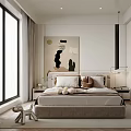 Minimalist Bedroom Interior With Beige Bed Headboard Decorative Artwork Floor Lamp And Curtains