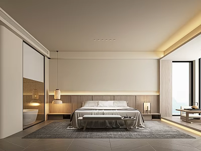Modern Hotel Guest Room Interior With King Bed Floor to Ceiling Window And Wooden Accents 3d model