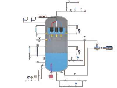 Industrial Equipment Technical Diagram Featuring Large Vessel Piping System And Control Valves 3d model