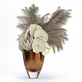 Bonsai Potted Plants With Feathery Foliage And White Leaf Accents In Brown Vases