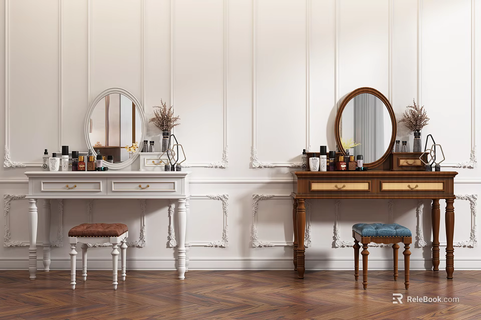 Two Stylish Dressing Tables With Mirrors Cosmetics Vases And Stools On Herringbone Wooden Floor 3d model 