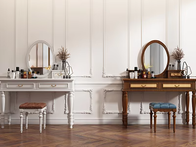 Two Stylish Dressing Tables With Mirrors Cosmetics Vases And Stools On Herringbone Wooden Floor 3d model