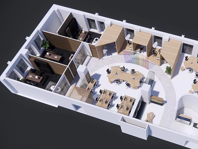 Modern Office Interior Layout With Workstations Meeting Areas Desks And Plants 3d model