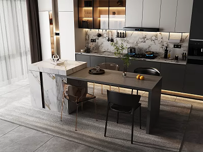Elegant Modern Kitchen Interior With Marble Island Dining Table And Cabinets Chairs 3d model