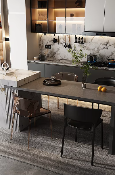Elegant Modern Kitchen Interior With Marble Island Dining Table And Cabinets Chairs 3d model
