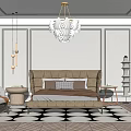 Elegant Modern Bedroom Interior With Tufted Headboard Geometric Rug And White Ruffled Chandelier
