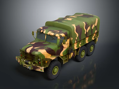 Camouflage Military Transport Truck With Large Cargo Area And Multiple Wheels 3d model