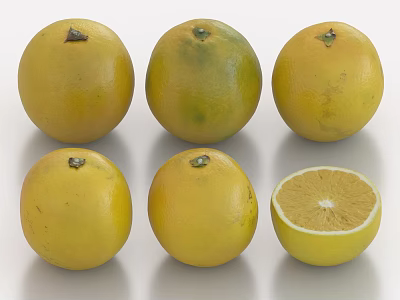 Fresh Yellow Lemons Five Whole and One Sliced Juicy Citrus Fruits 3d model