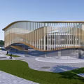 Modern Sales Office Building With Curved Glass Facade And Landscaped Gardens Including Trees And Parking
