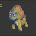 Yellow Cartoon Triceratops Toy Character With Orange Frill White Belly And Green Feet