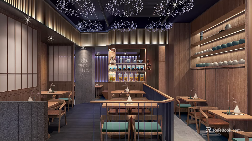 Warm Restaurant Interior With Wooden Decor Tables Green Cushioned Chairs And Ceiling Lights 3d model 