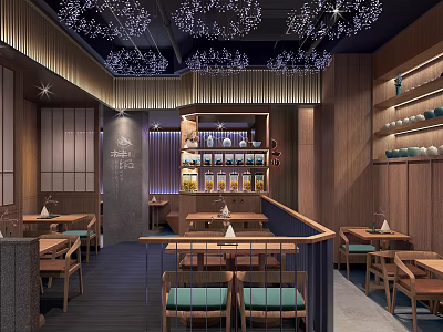 Warm Restaurant Interior With Wooden Decor Tables Green Cushioned Chairs And Ceiling Lights 3d model