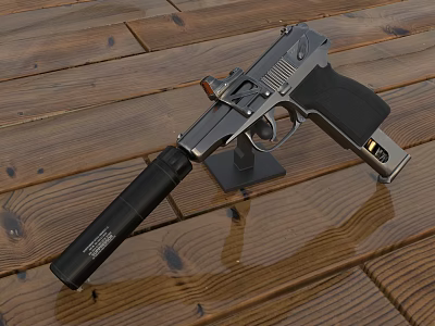 Metallic Pistol With Black Suppressor On Wooden Floor Display Stand With Wood Grain 3d model