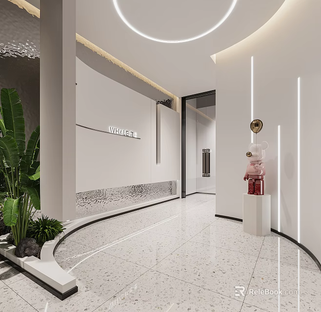 Modern Office Corridor Interior Design With Curved Walls Strip Lighting Green Plants And Marble Floor 3d model 