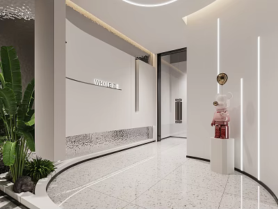 Modern Office Corridor Interior Design With Curved Walls Strip Lighting Green Plants And Marble Floor 3d model