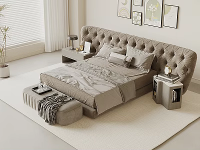 Elegant Tufted Double Bed With Gray Bedding Nightstands And Light Toned Decor 3d model