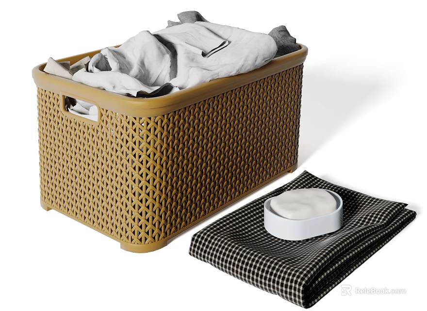 Brown Woven Storage Basket with Handle for Laundry Clothes and Checkered Cloth 3d model 