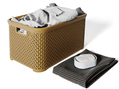 Brown Woven Storage Basket with Handle for Laundry Clothes and Checkered Cloth 3d model