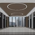 Modern Elevator Hallway With Circular Ceiling Panels Large Windows City View And Marble Floor