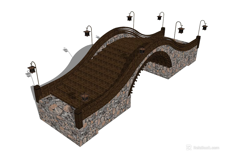 Classic Stone Arch Bridge With Wooden Steps Lamp Posts And Stone Base 3d model