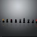 Character Head Models In Different Colors Styles Arranged On Gray Background With Reflections