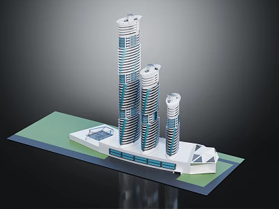 Future Architecture Design With Three Modern Glass Facade Towers And Green Base Structure 3d model