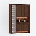 Dark Brown Wooden Wine Cabinet With Glass Door Glasses LED Lighting Countertop And Decorative Items