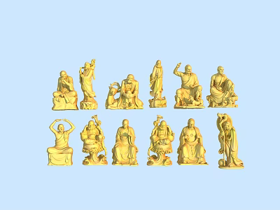 Twelve Artistic Golden Gilded Figure Sculptures with Detailed Carvings and Various Poses 3d model