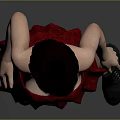 Woman in red strapless belted dress wearing gray boots against gray background
