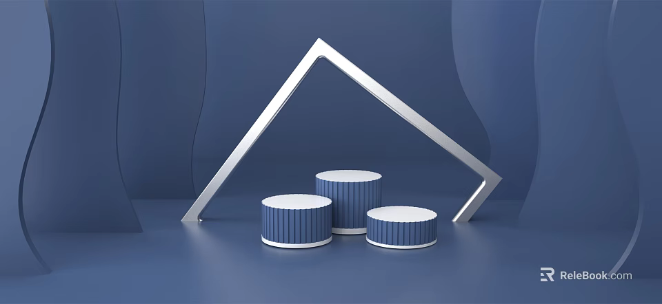 Modern Blue And White Striped Cylindrical Display Stands With Silver Triangular Frame For Product Presentation 3d model