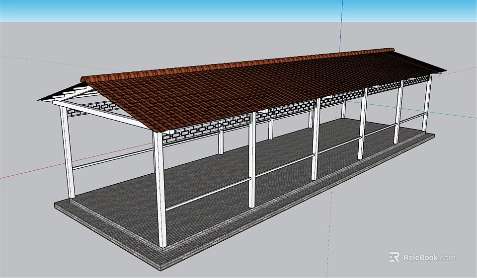 Modern Pergola Structure With Brown Tile Roof White Columns And Gray Floor Railings 3d model 